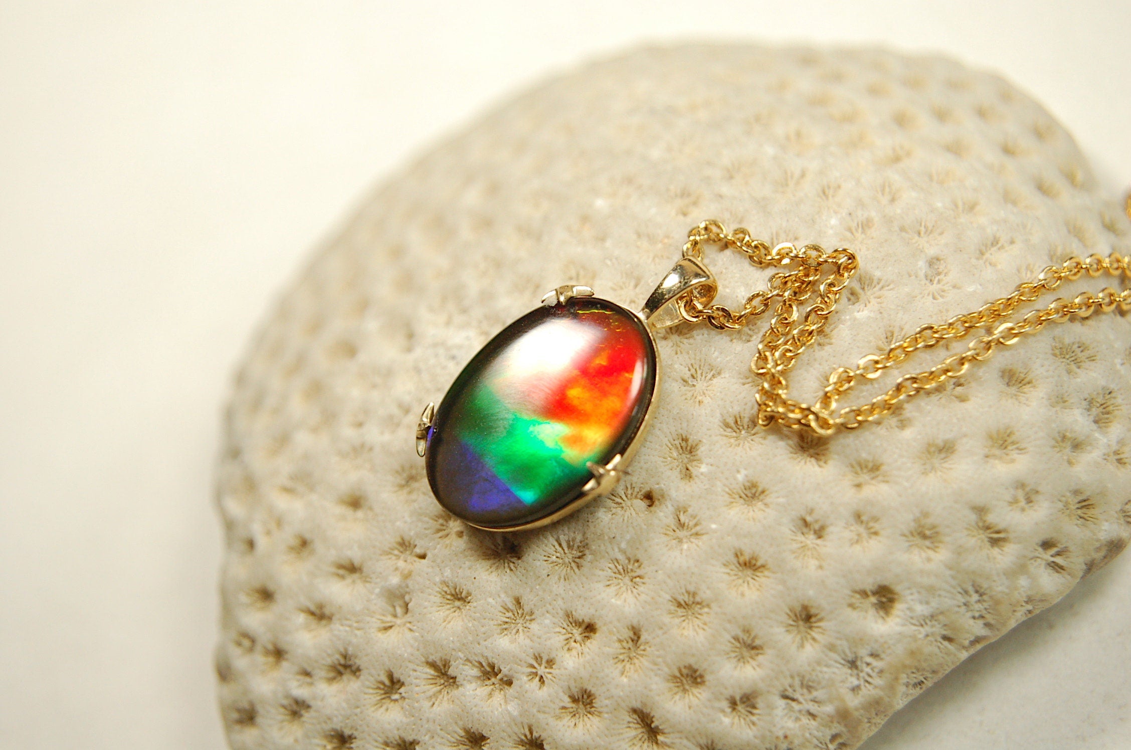 Ammolite Jewelry Pendant in solid 14k Gold.Top quality rainbow gem.Perfect RARE Mothers day gift she is sure to treasure.