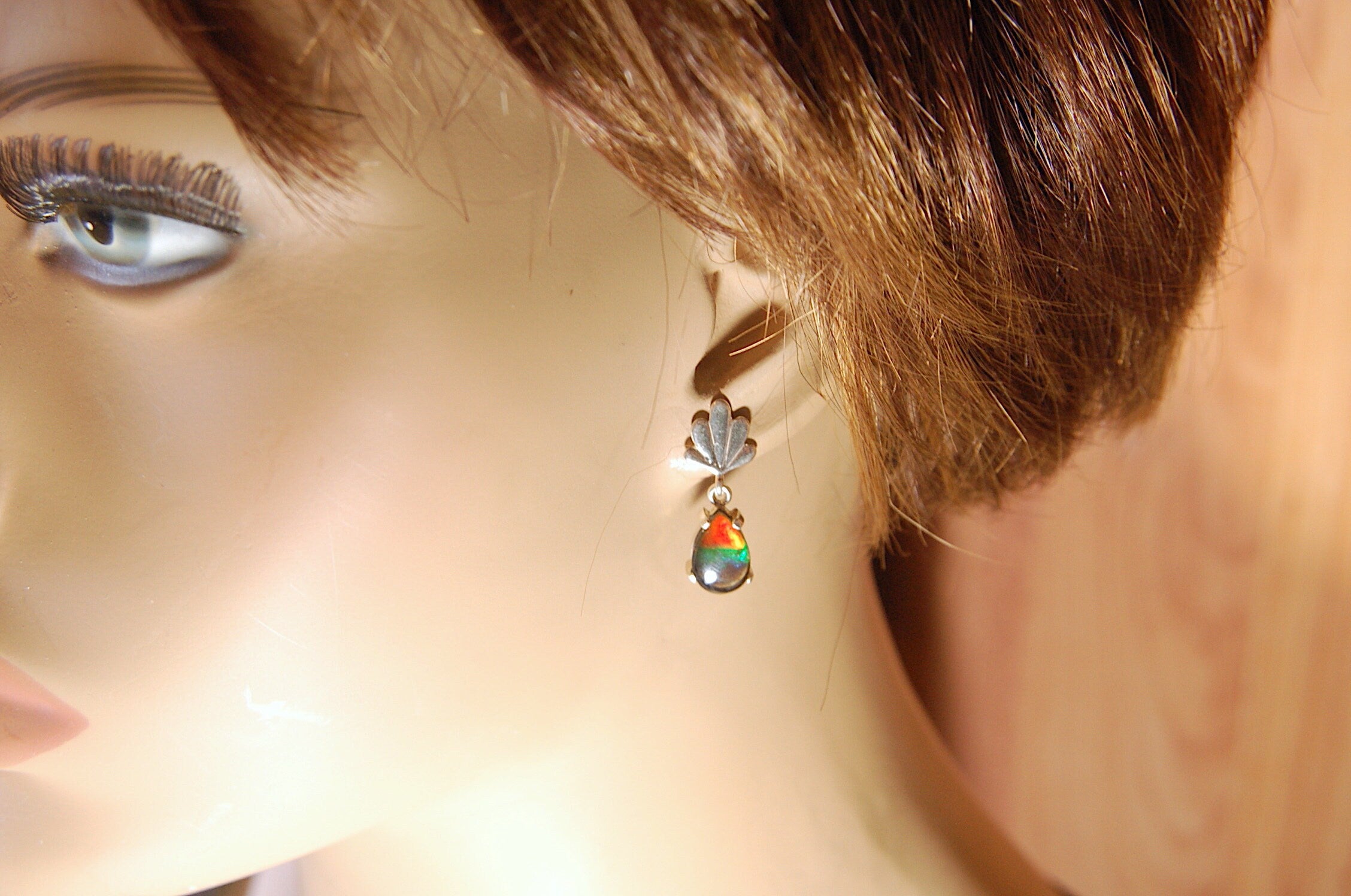 Ammolite Earrings.Bright tricolor gems from Alberta Canada with signed warranty.#031313.