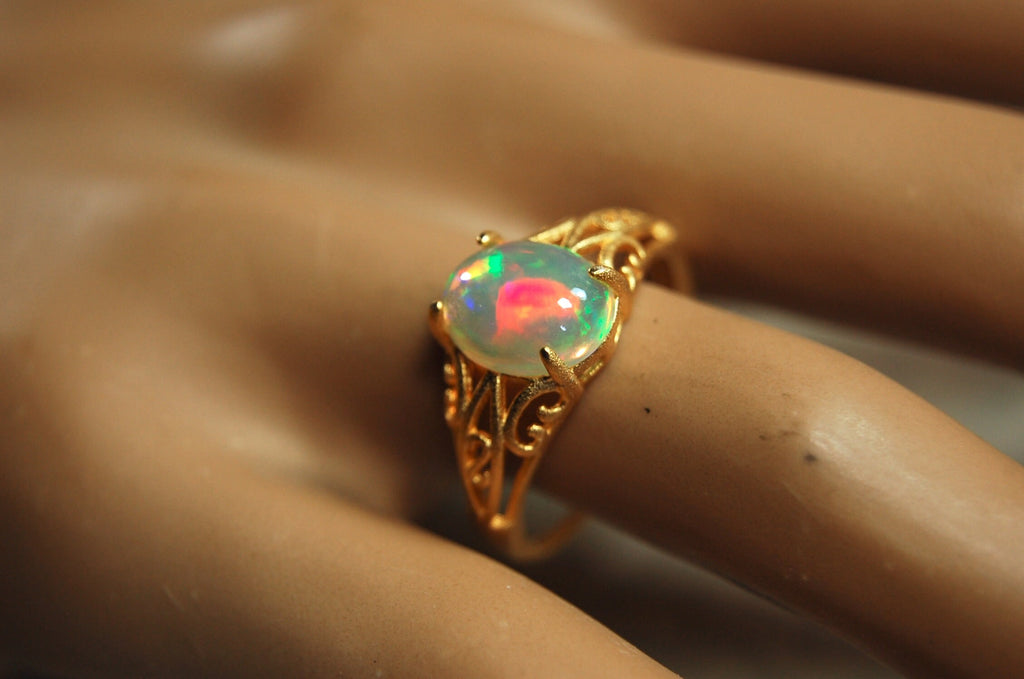 Gorgeous Opal Ring- Bright rolling colors.Absolutely natural gem.Unique Jewelry Gift for Her..