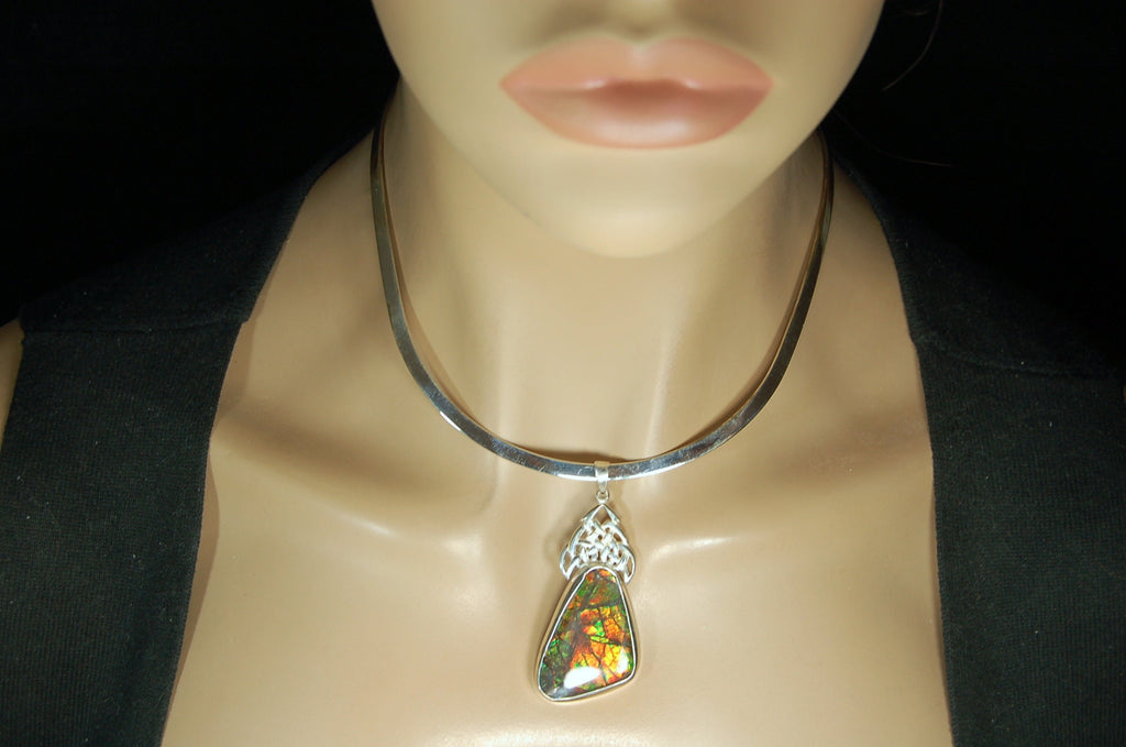 Ammolite Pendant Necklace.Natural very colorful cabochon magnificently set #030411