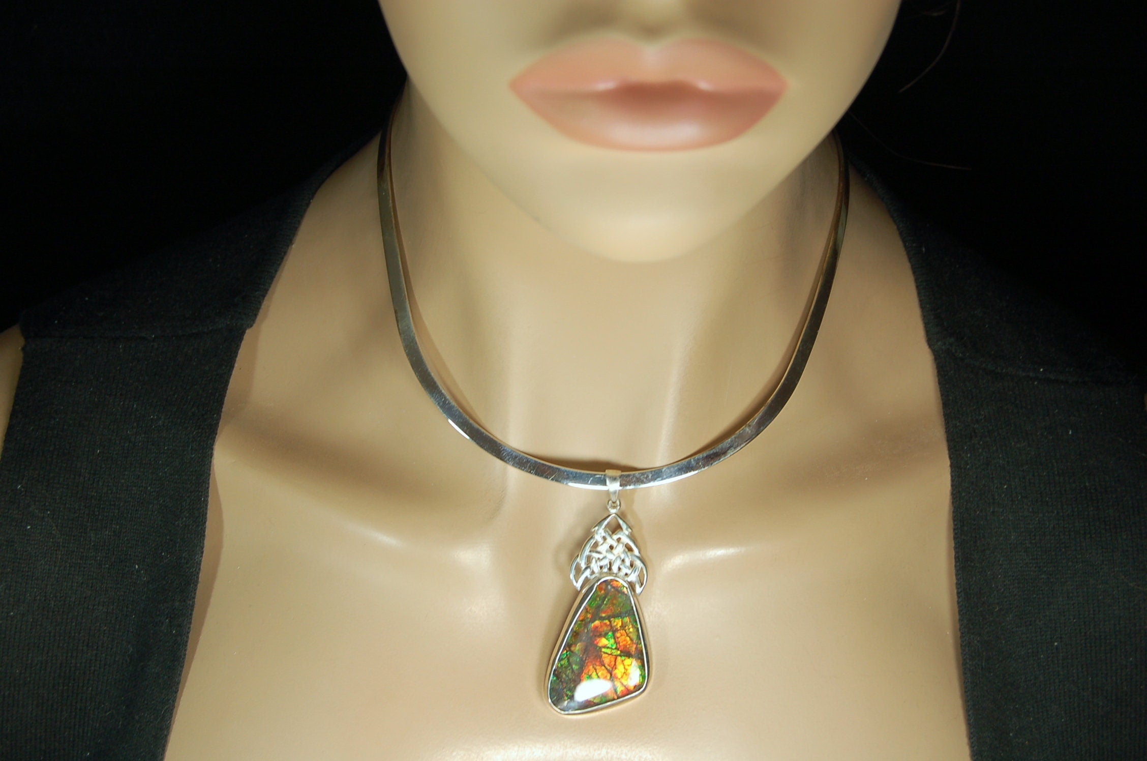 Ammolite Pendant Necklace.Natural very colorful cabochon magnificently set #030411