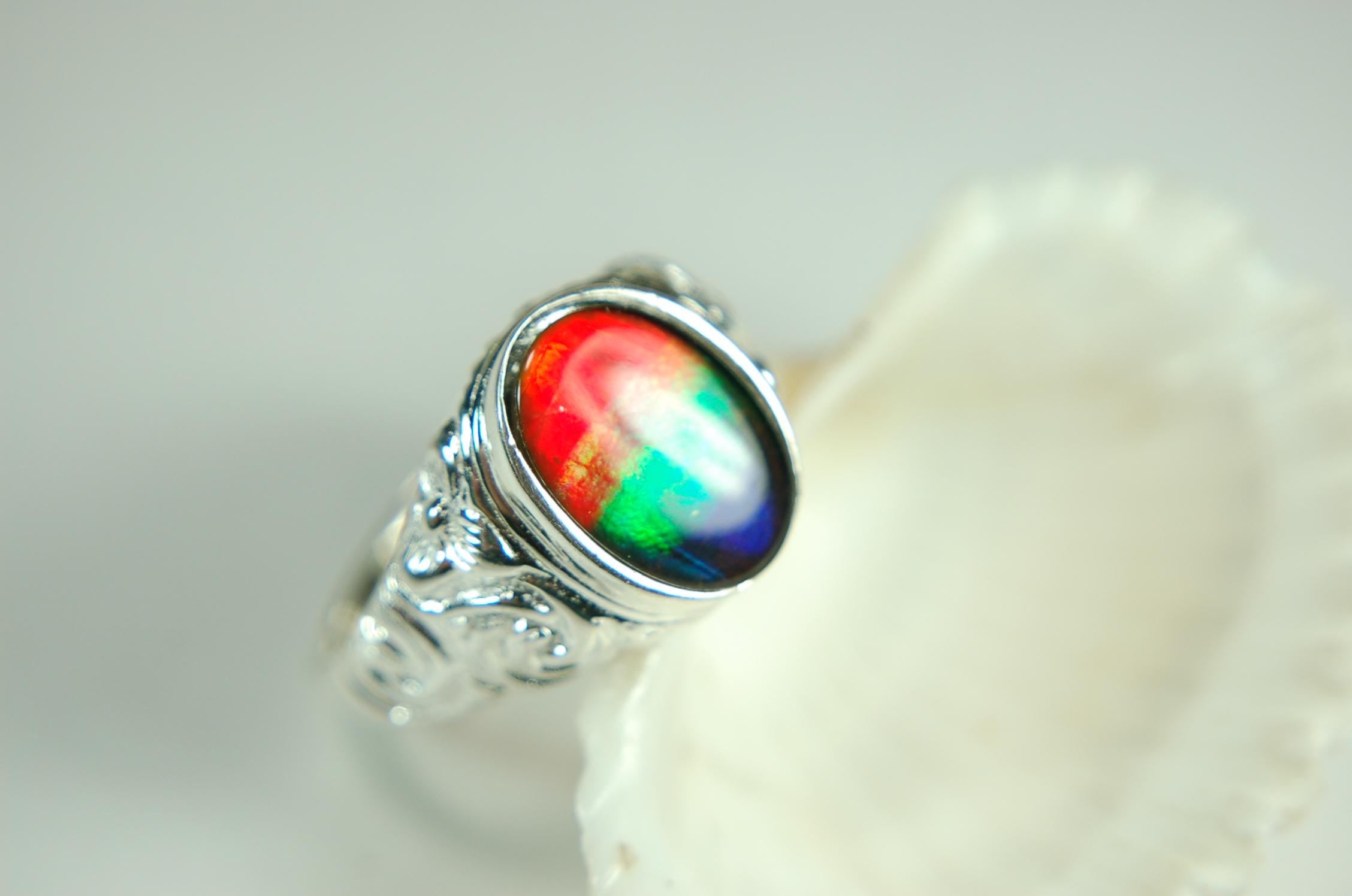 Ammolite Mens Ring.Size 12.Brilliant tricolor gem with rich deep changing colors.Solid sterling setting.011115