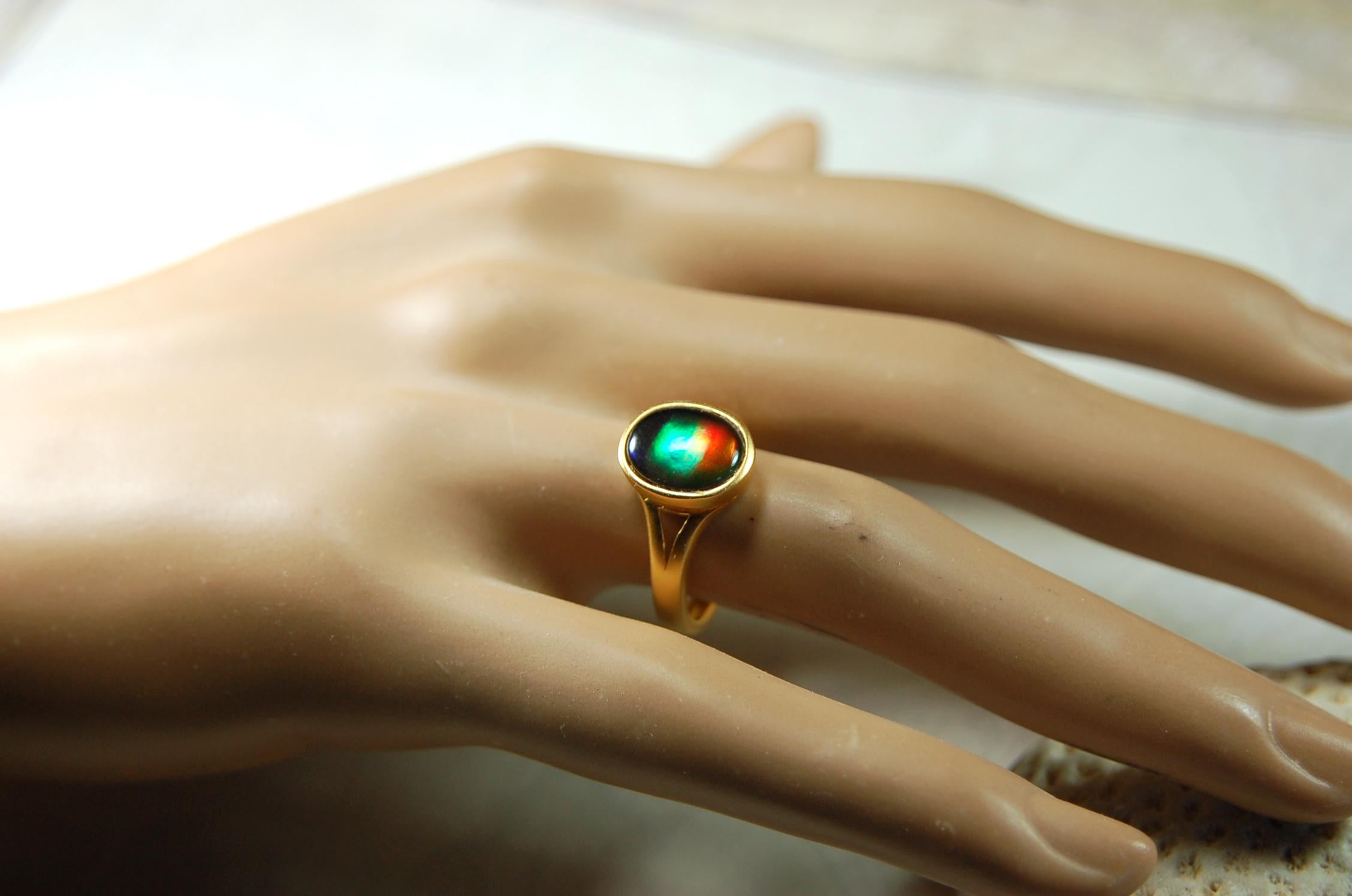 Gold Vermeil Ammolite Ring: Genuine Four-Color Gemstone, Adjustable Band 071114