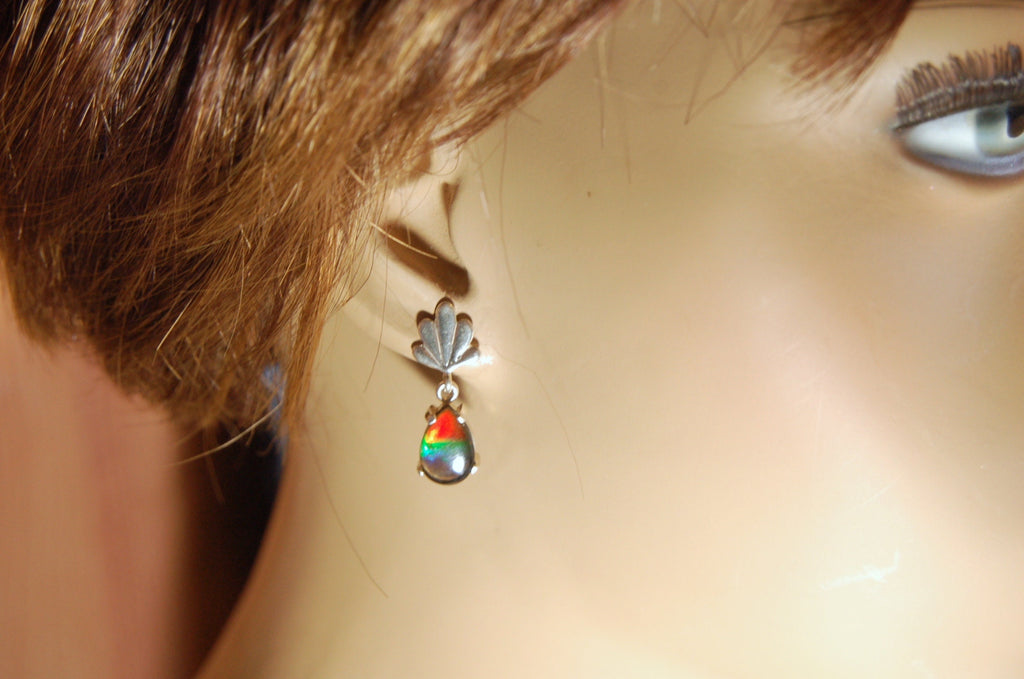 Ammolite Earrings.Bright tricolor gems from Alberta Canada with signed warranty.#031313.