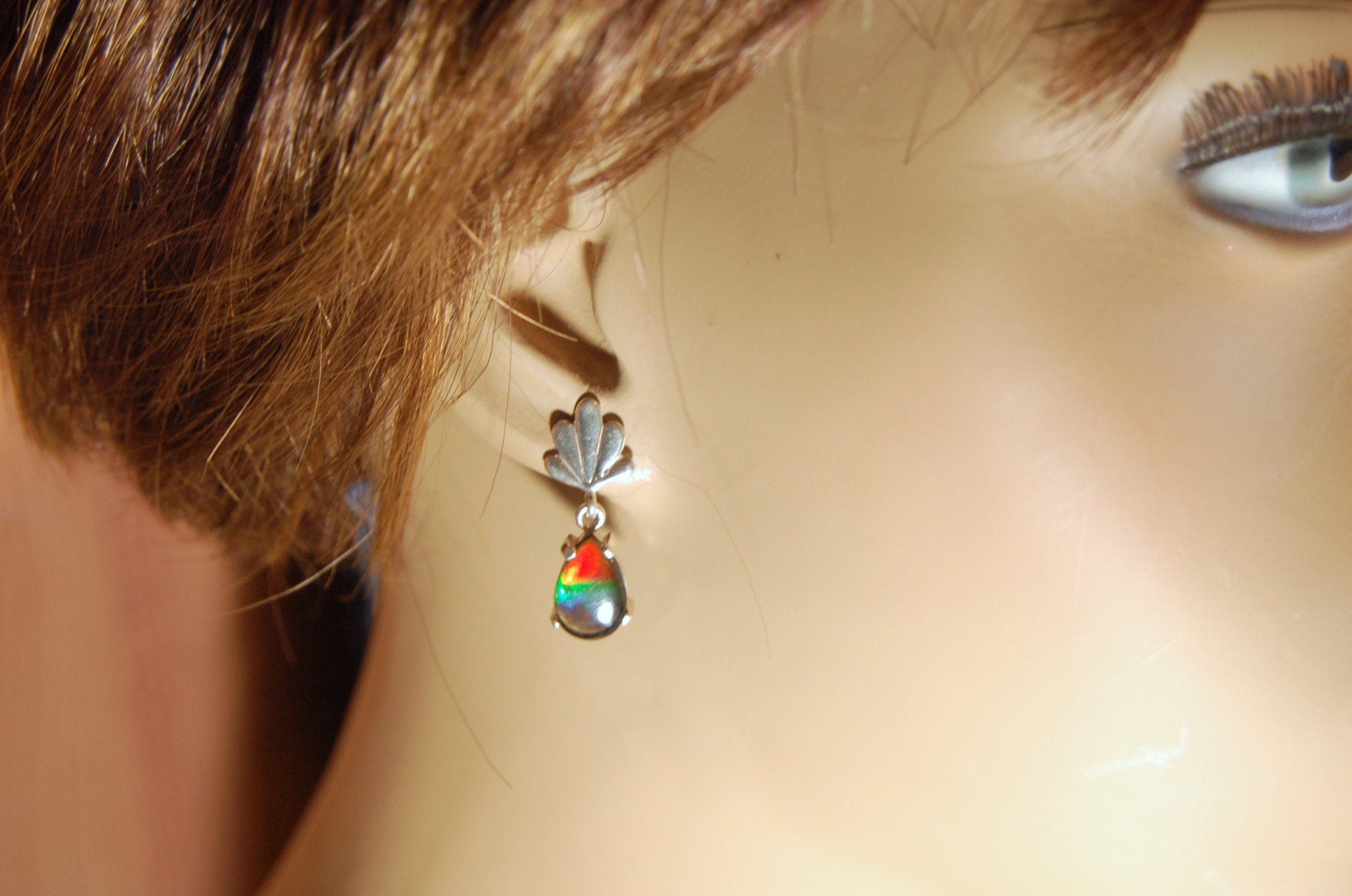 Ammolite Earrings.Bright tricolor gems from Alberta Canada with signed warranty.#031313.