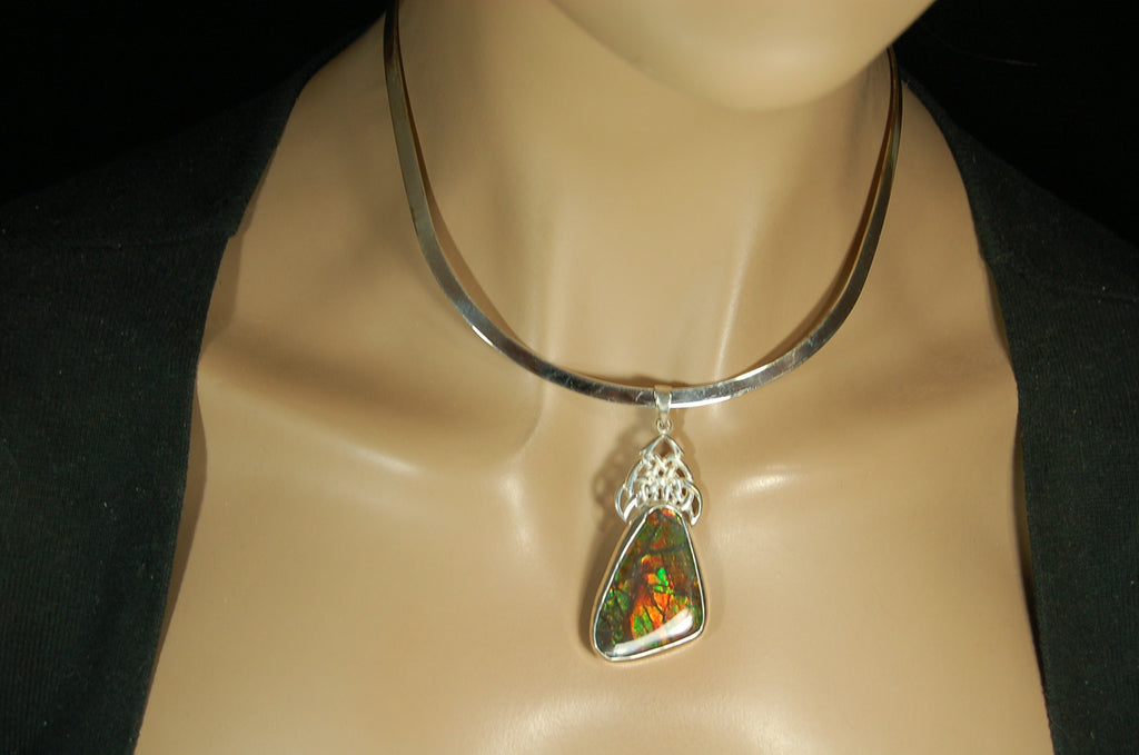 Ammolite Pendant Necklace.Natural very colorful cabochon magnificently set #030411