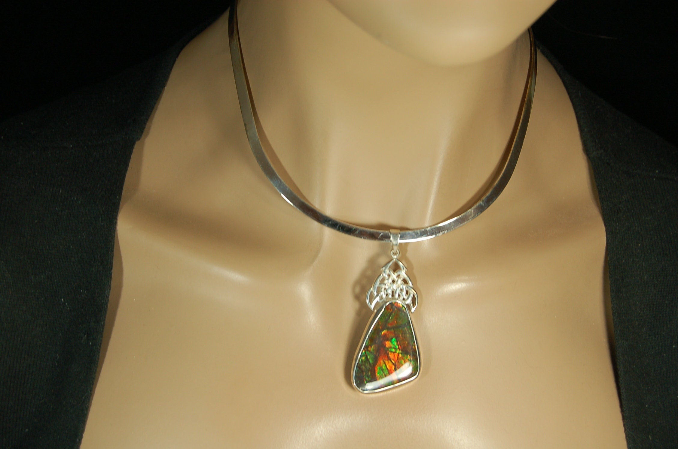 Ammolite Pendant Necklace.Natural very colorful cabochon magnificently set #030411