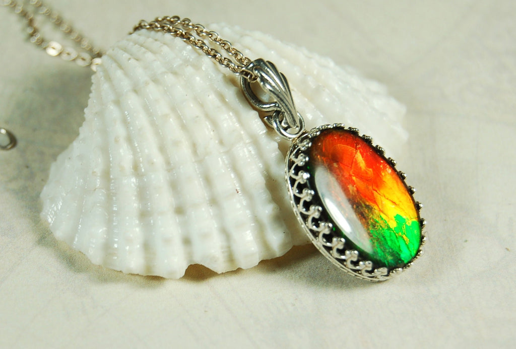 Fiery Ammolite pendant in Argentium* non tarnish Sterling Silver.Perfect Gift for her.Ammolite jewelry.Ammolite Feng shui.#123110