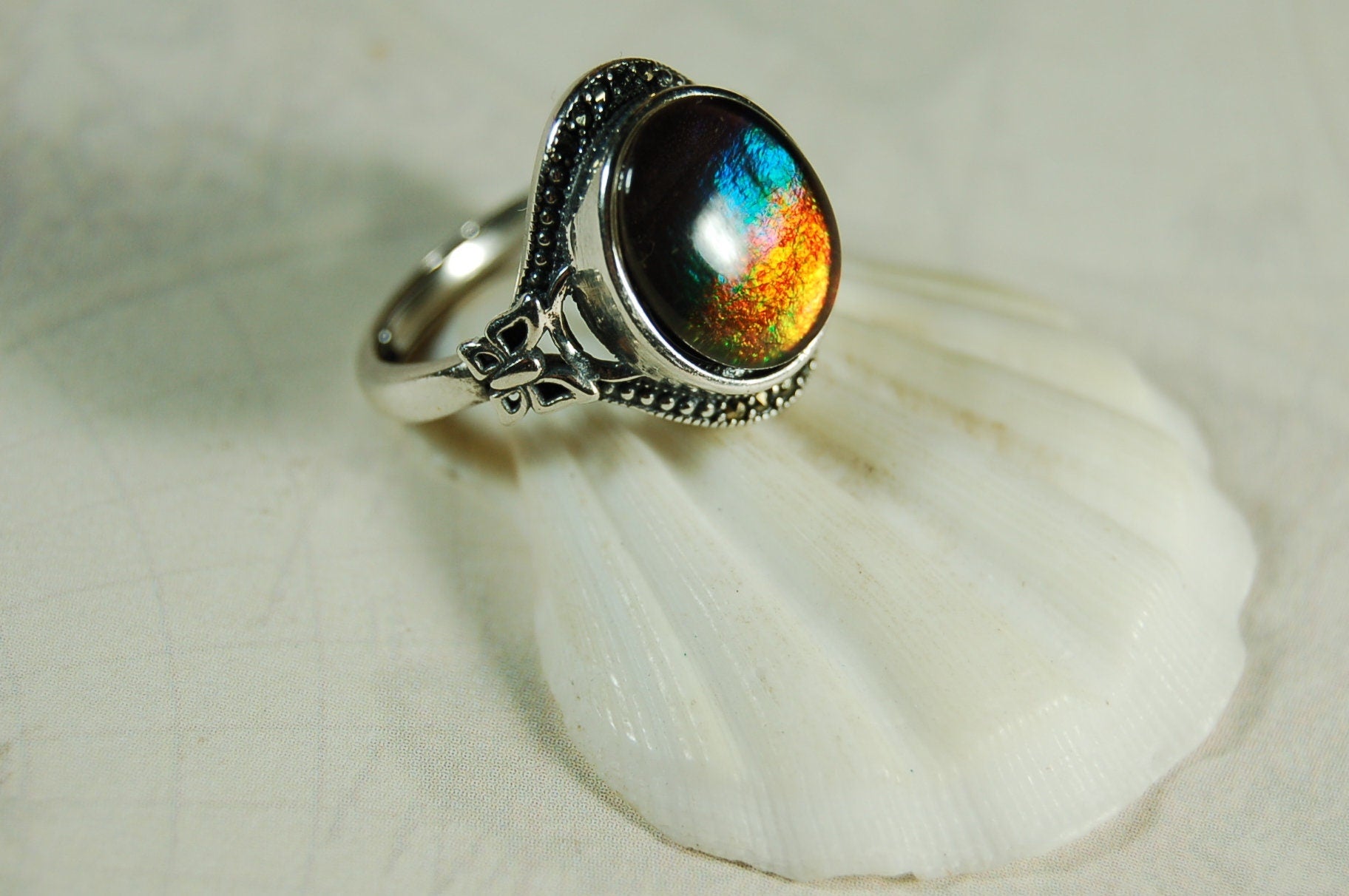 Ammolite Jewelry Ring in your size!Rainbow colors.Lovely gift with big impact.Birthday?Anniversary? 101310