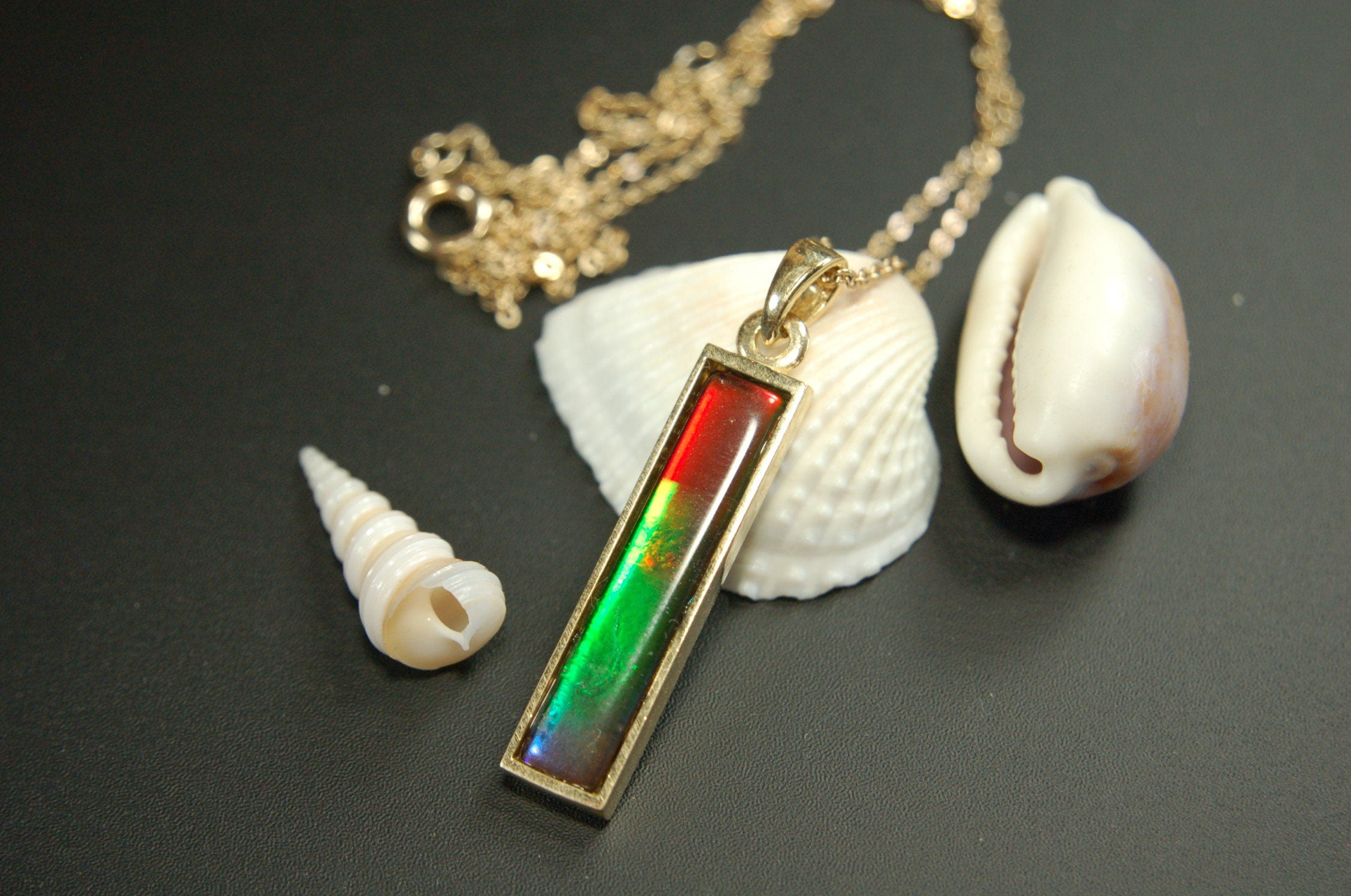 Ammolite Pendant Necklace in 14k Gold.A column of RARE ammolite rainbow colors.Minimalist and Unisex Jewelry.052512
