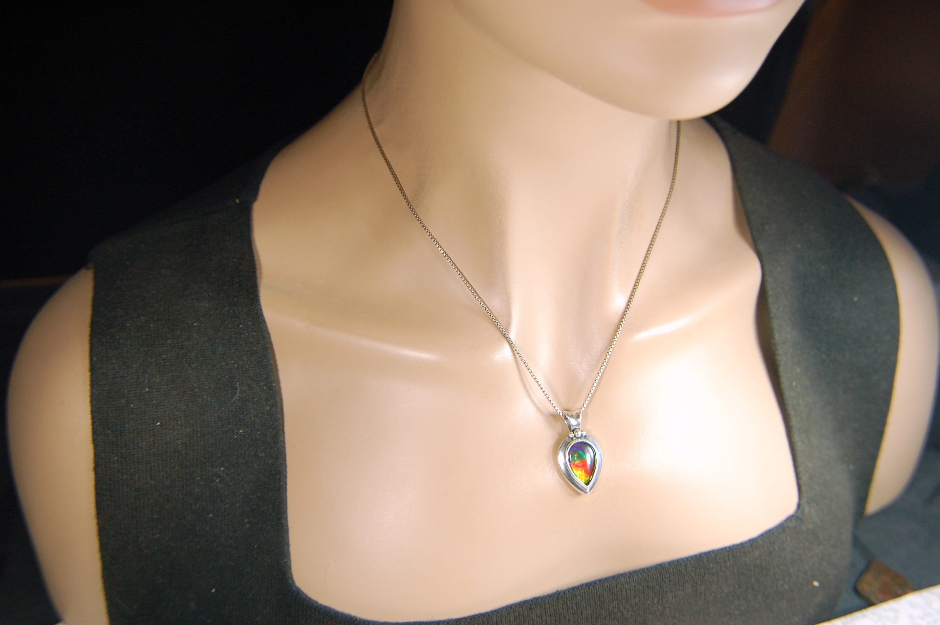 Ammolite Jewelry Rainbow Pendant Set in heavy sterling silver.High impact colors.Memorable gift.#030214