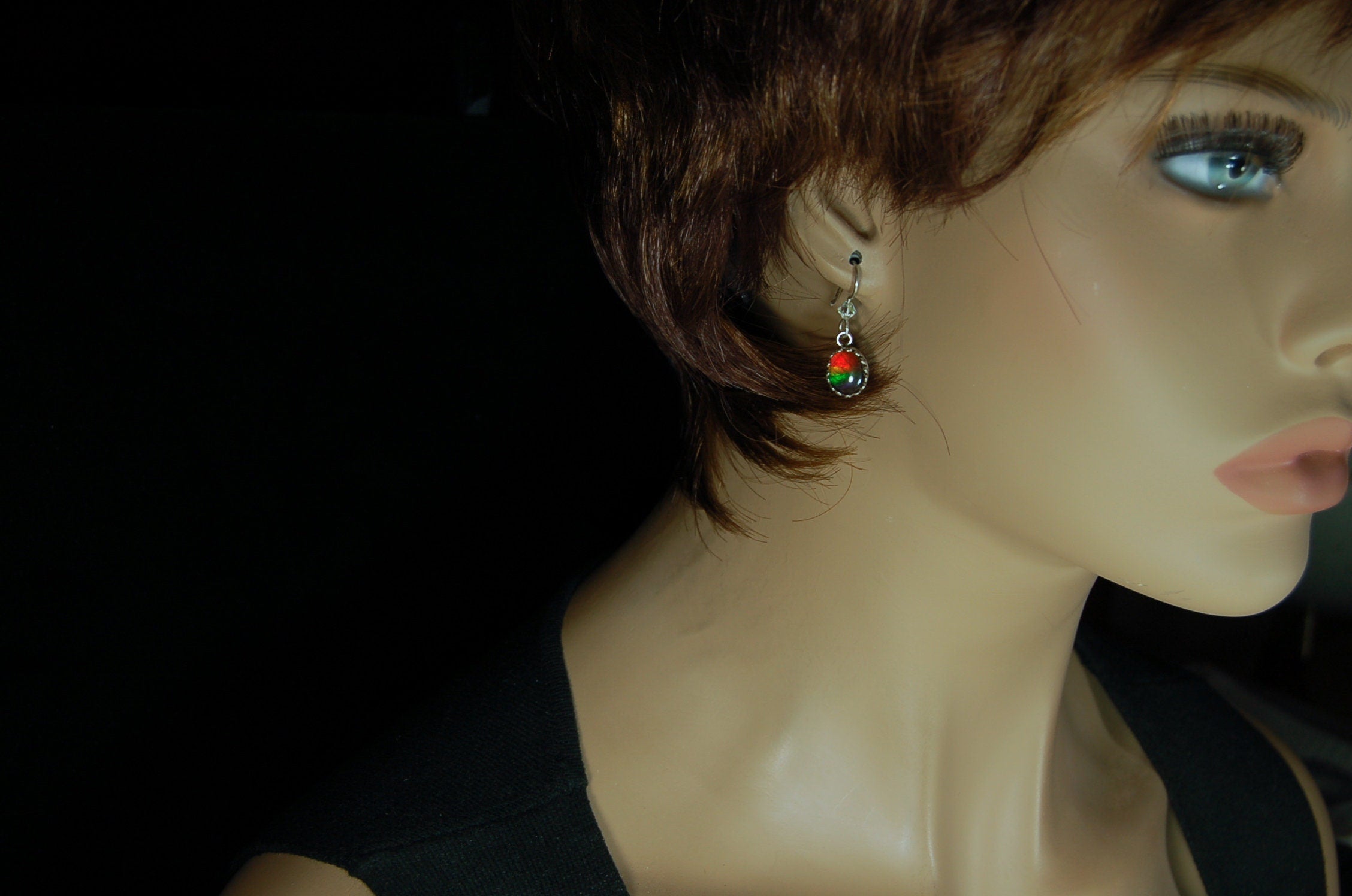 Ammolite Ear Rings.Perfect Mothers Day gift of RARE genuine ammolite she is sure to treasure.Lovely matched tricolor rainbow gems.#102410