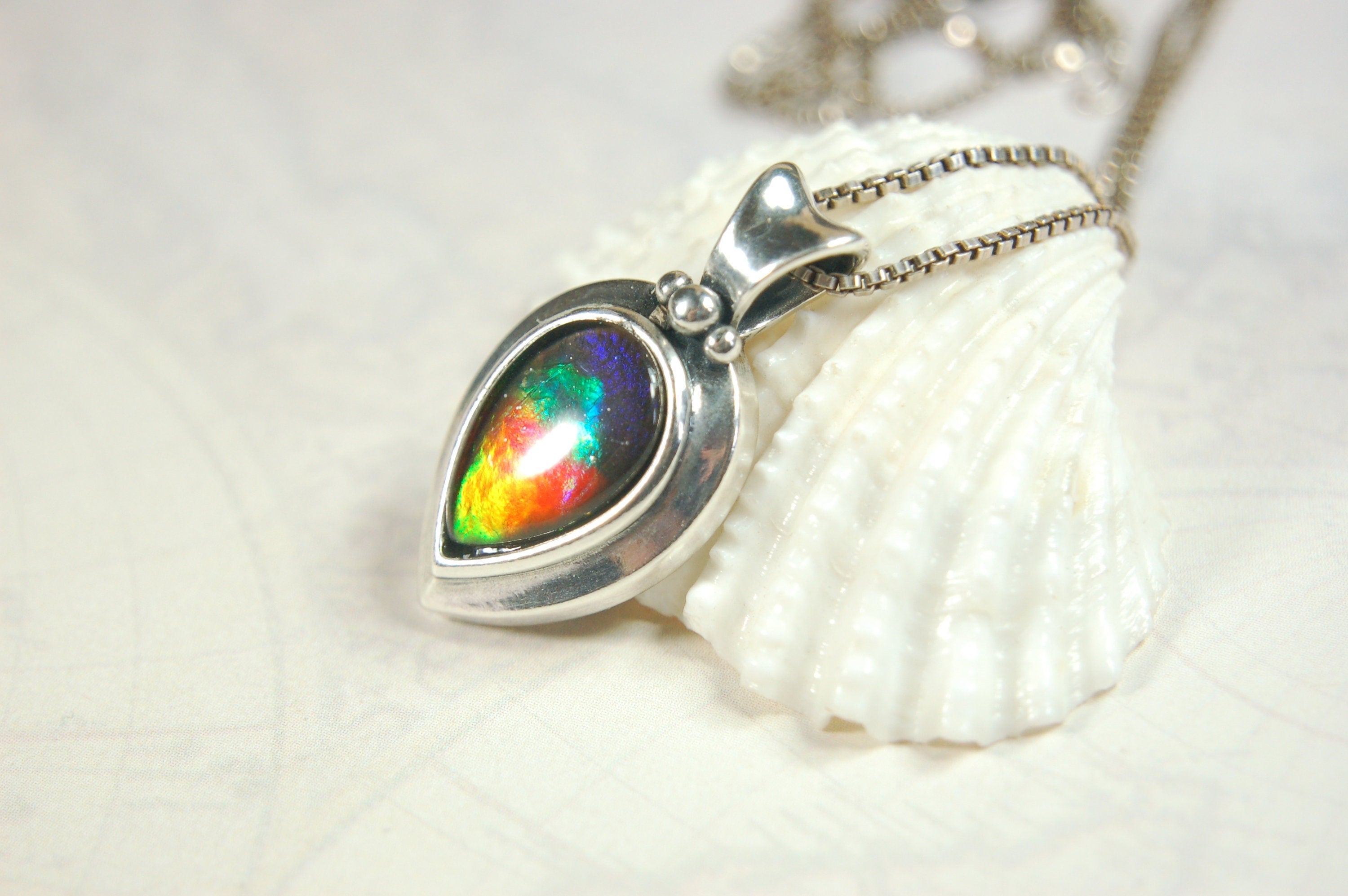 Ammolite Jewelry Rainbow Pendant Set in heavy sterling silver.High impact colors.Memorable gift.#030214