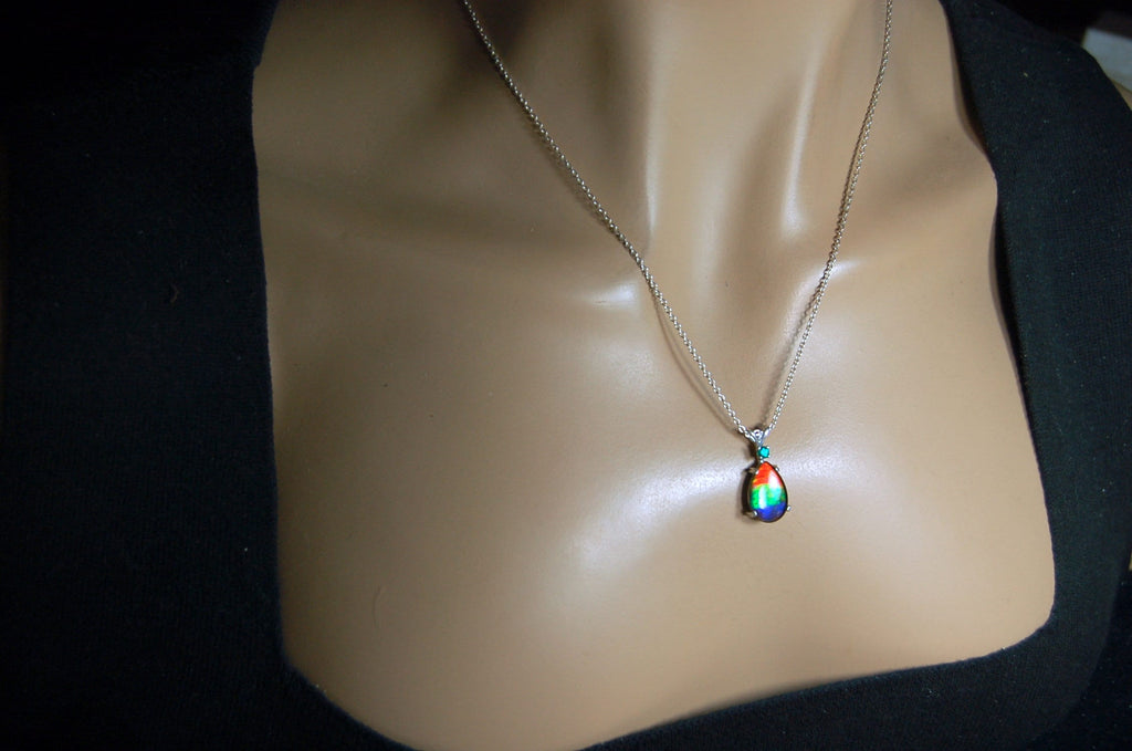 Ammolite Jewelry Pendant.bright Rainbow Colors. Ammolite with Emerald.Canadian gemstones.The perfect RARE gift for her.#012410