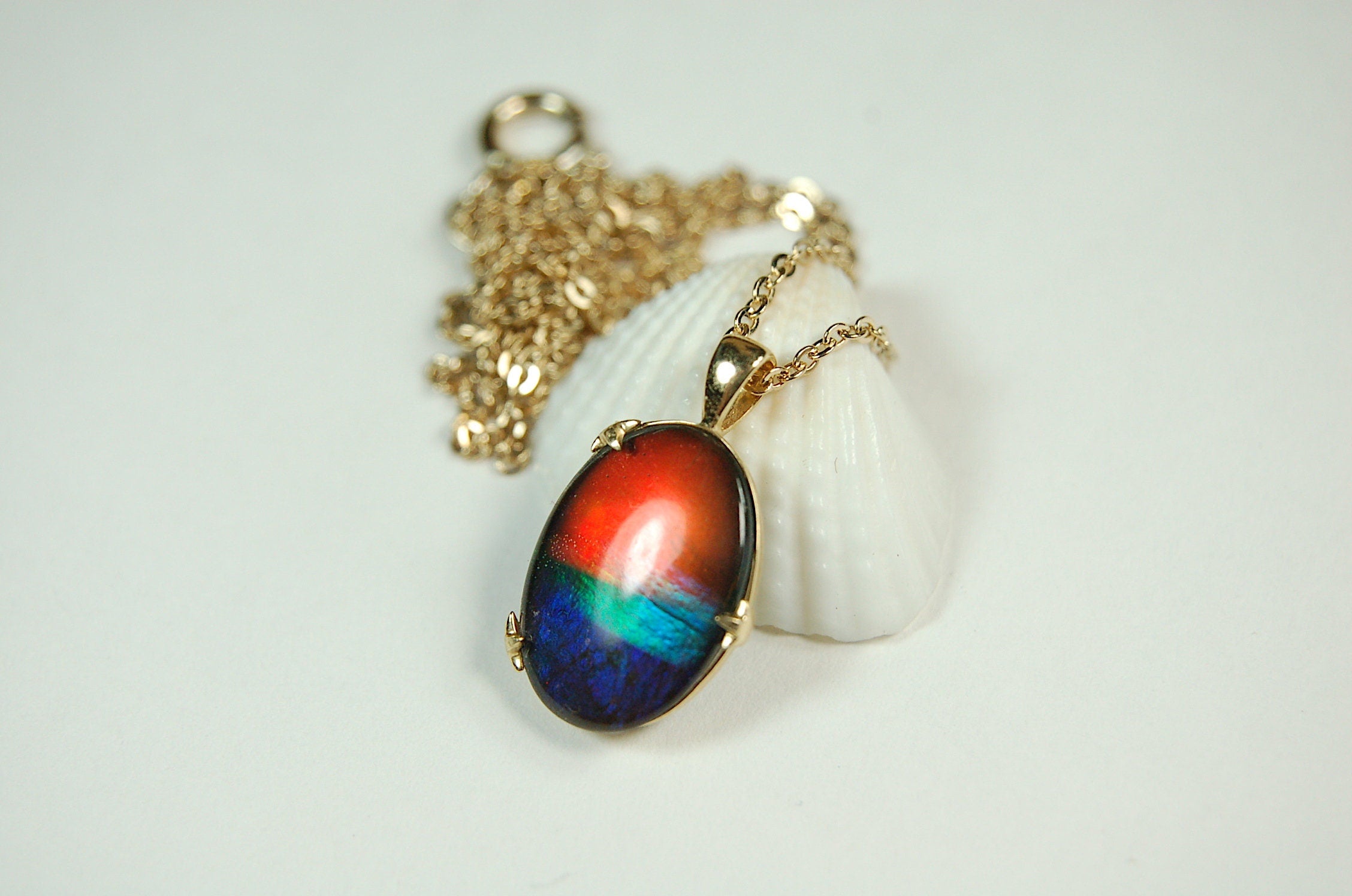 Ammolite Pendant in 14k Gold.Rich rainbow colors.Anniversary gift idea for wife. See details, images and video below.#121311