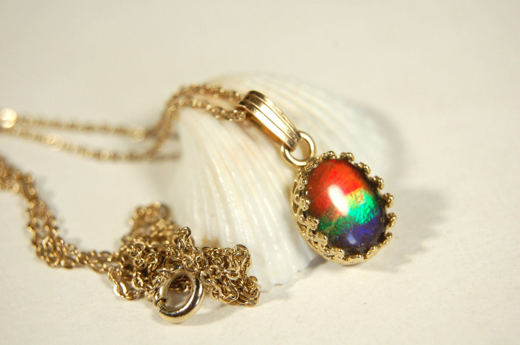 Gorgeous Ammolite pendant in 14k gold.Petite but powerful.Four color ammolite.Ammolite jewelry from Canada.Perfect gift. .060212