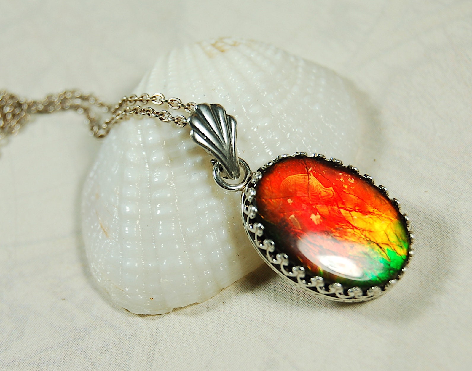 Fiery Ammolite pendant in Argentium* non tarnish Sterling Silver.Perfect Gift for her.Ammolite jewelry.Ammolite Feng shui.#123110