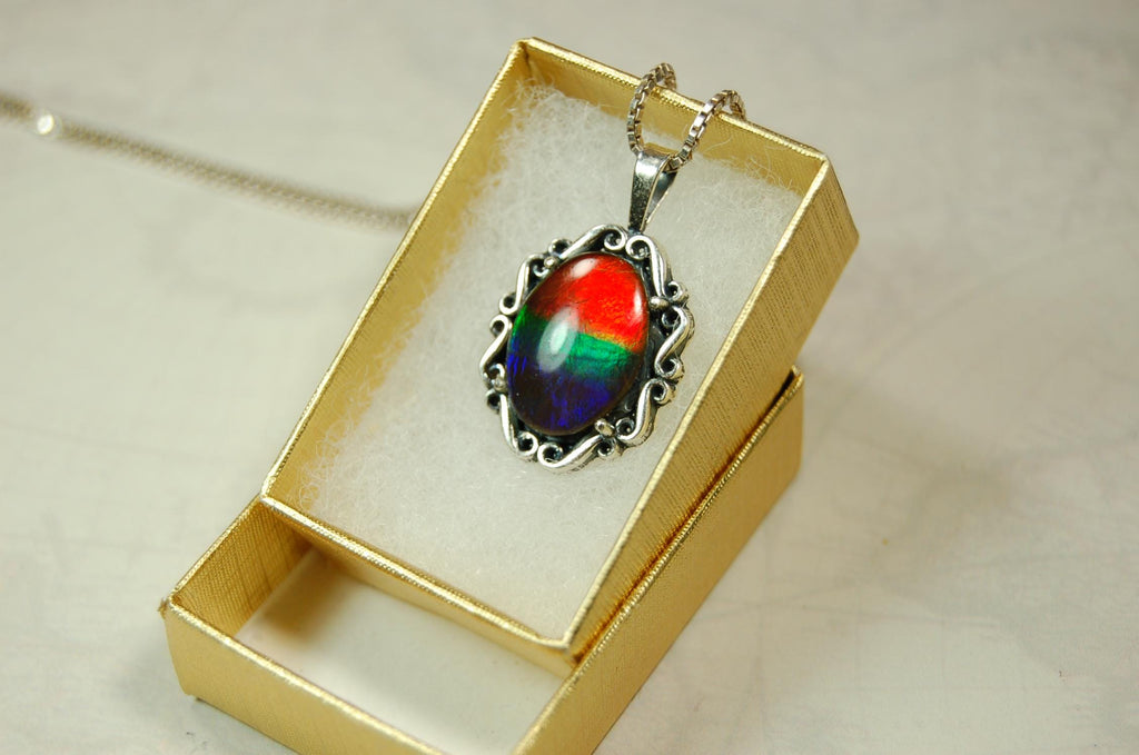 Genuine Ammolite Pendant Necklace – Canadian Fossil Gemstone – Iridescent Jewelry Gift for Her.060415