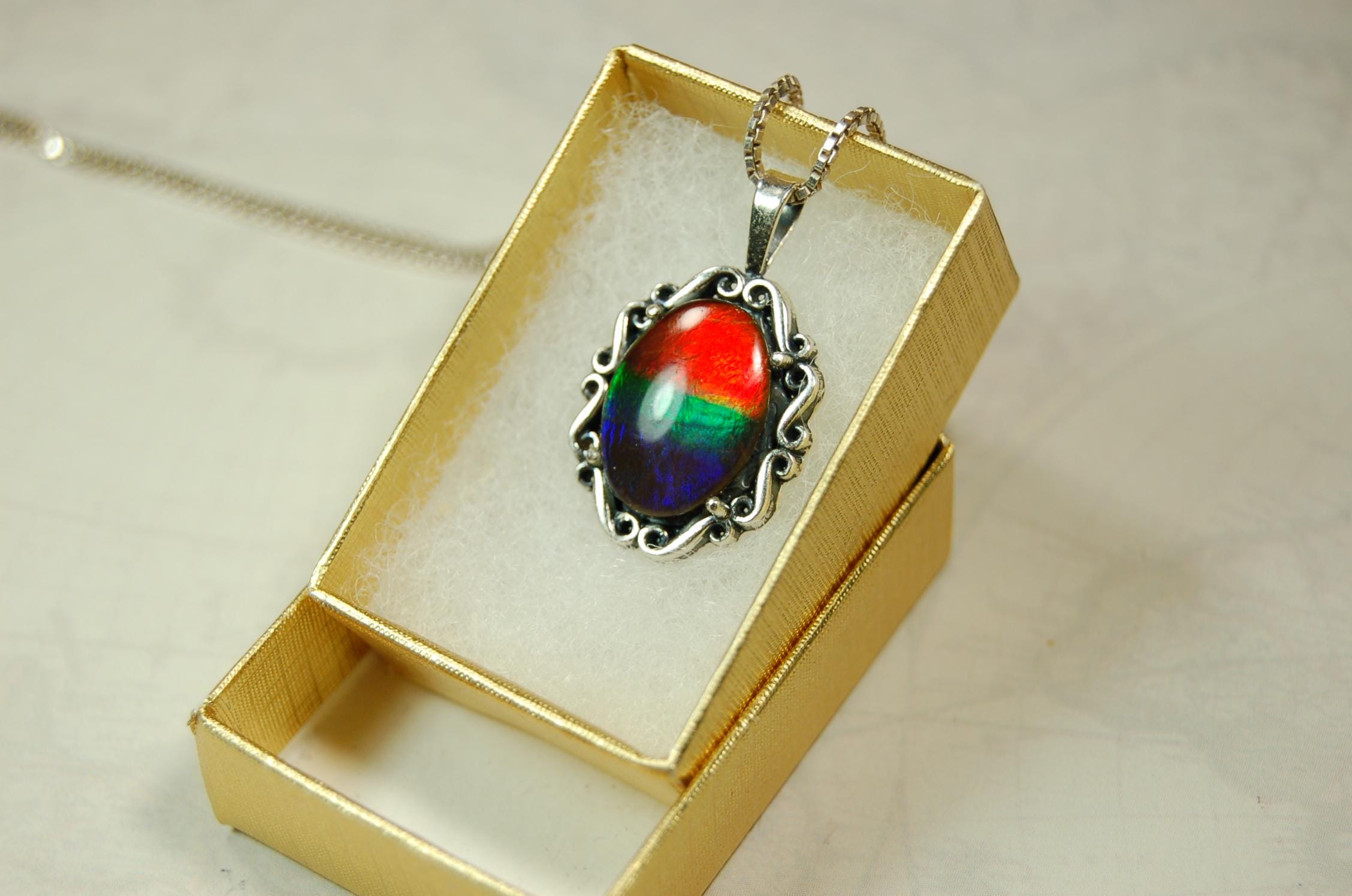 Genuine Ammolite Pendant Necklace – Canadian Fossil Gemstone – Iridescent Jewelry Gift for Her.060415