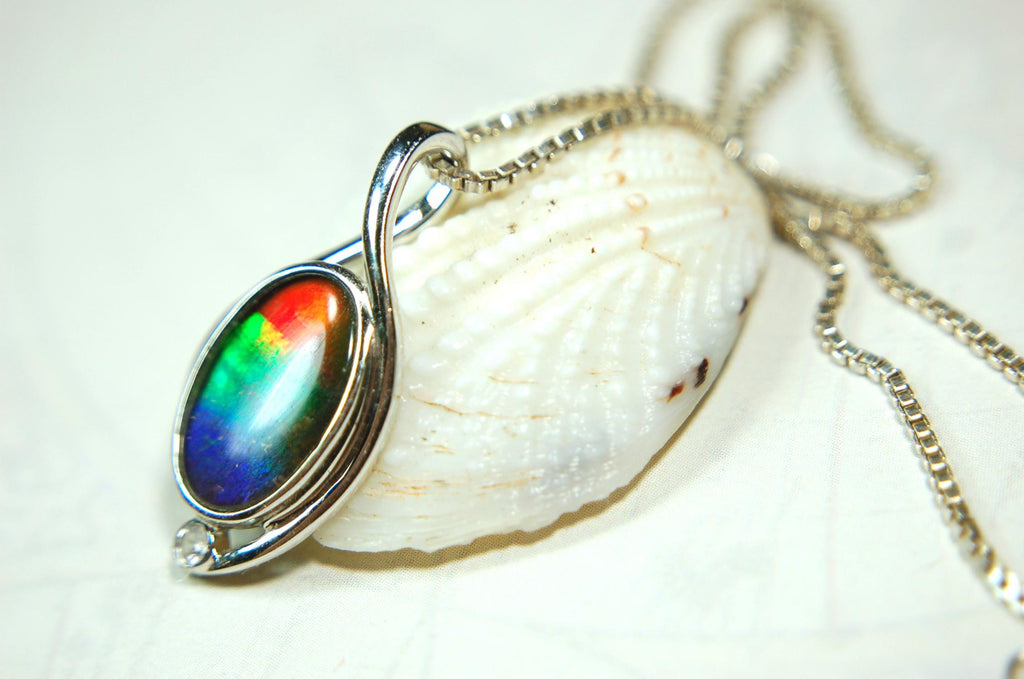 Sterling Silver Ammolite Pendant – Natural Rainbow Fossil Gemstone Necklace – Handmade Jewelry-.052015