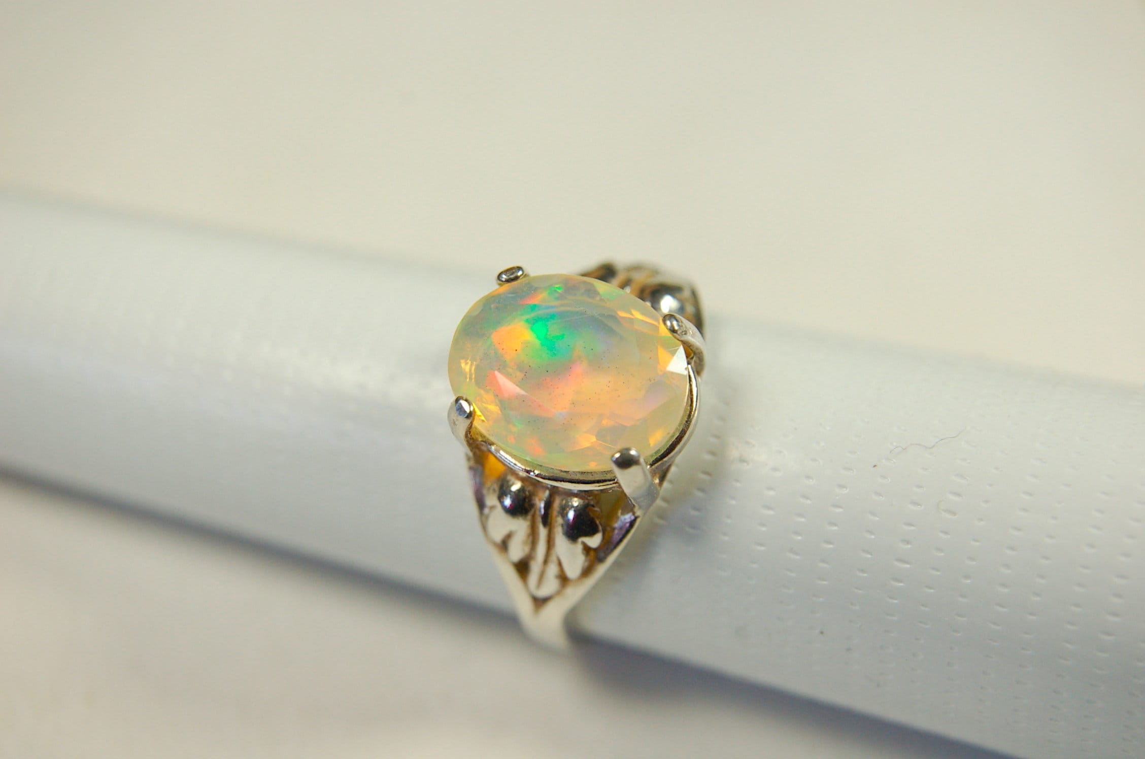 Opal ring.Bright Faceted Natural gem.Lovely flashing colors.#102612