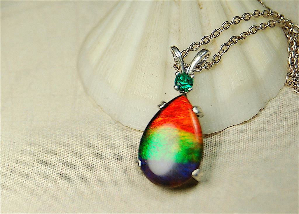 Ammolite Jewelry Pendant.bright Rainbow Colors. Ammolite with Emerald.Canadian gemstones.The perfect RARE gift for her.#012410