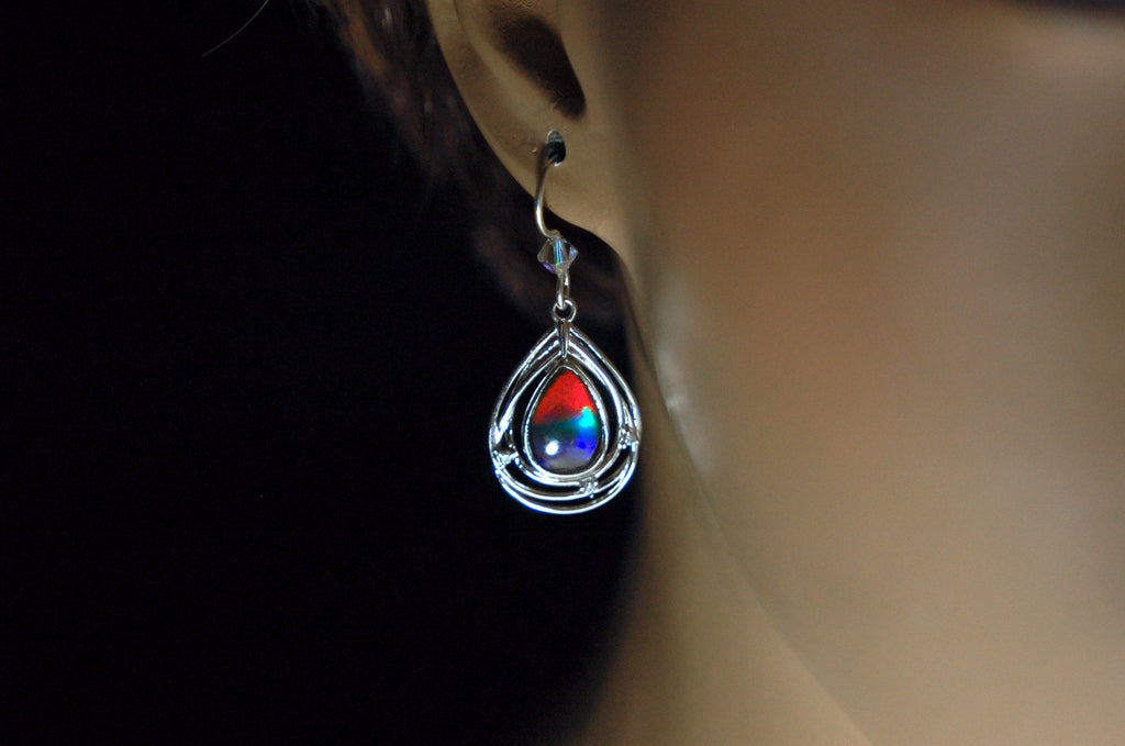 Birthday or anniversary gift idea for wife.Teardrop Ammolite Earrings – Sterling Silver, Swarovski Crystal Accents (12x8mm)