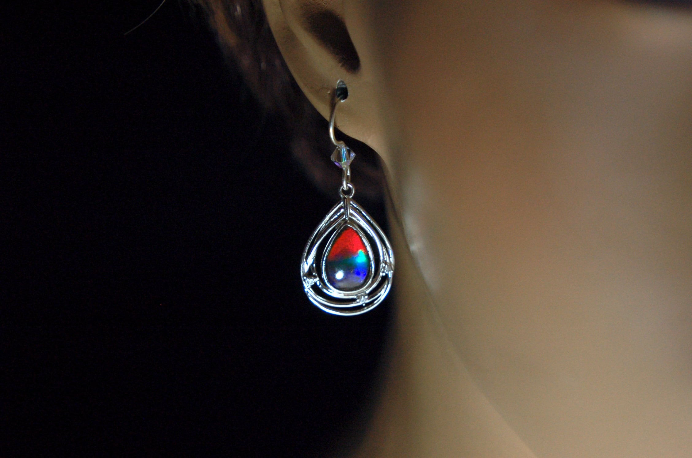 Birthday or anniversary gift idea for wife.Teardrop Ammolite Earrings – Sterling Silver, Swarovski Crystal Accents (12x8mm)