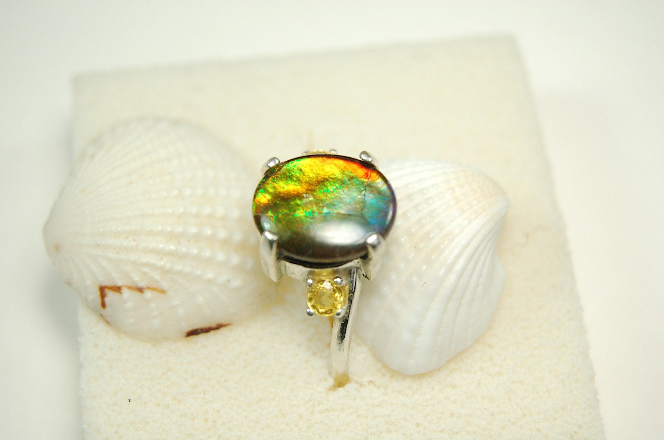 Ammolite Ring.Gift for wife.Learn about Canadas rarest gemstone.Must see video#121611