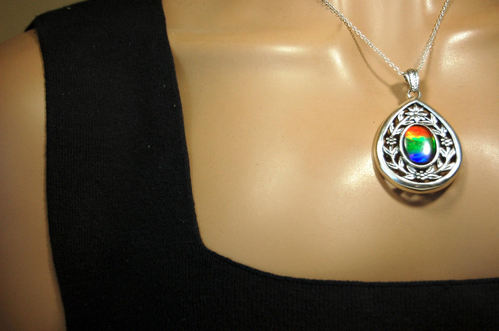 Anniversary gift idea for wife.Ammolite Jewelry Pendant with Rainbow pattern set in solid sterling silver.040416