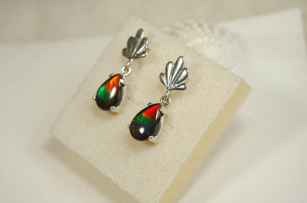 Ammolite Earrings.Bright tricolor gems from Alberta Canada with signed warranty.#031313.