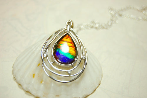 Ammolite Jewelry Pendant.RARE Tiger stripe gem.Unique gemstone.Non Allergenic Rhodium plated Sterling Silver setting.Gift for wife? 032916
