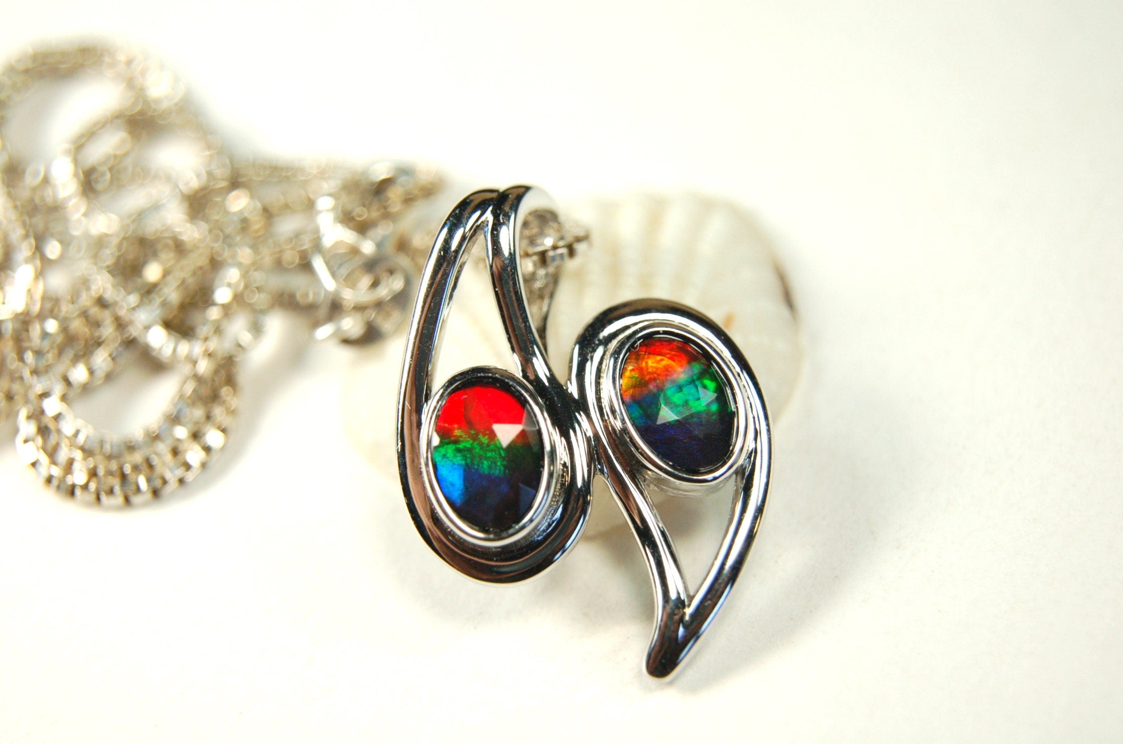 Ammolite pendant.Two bright colorful gems with BIG impact.-- #073112