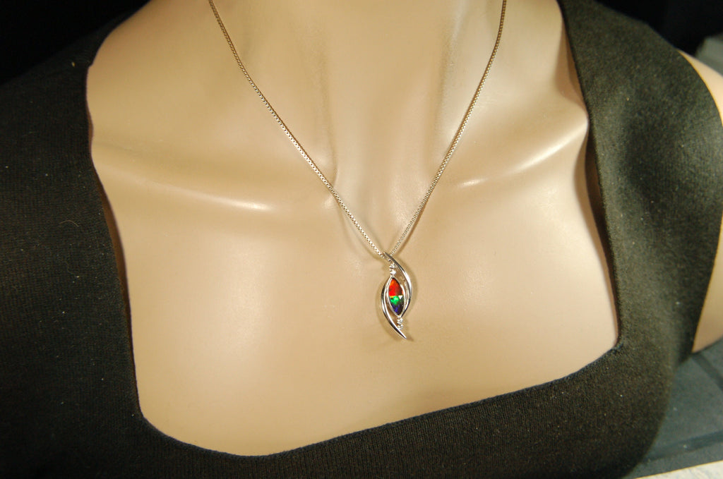 Ammolite jewelry Pendant from Canada.Colorful necklace.Rainbow three color gemstone.Perfect gift for wife.Beautiful setting.#042413
