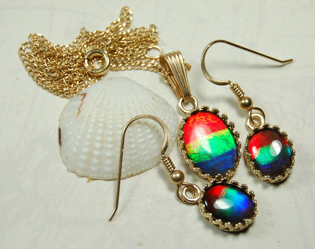 Ammolite Jewelry Set 14k Gold.Bright High Quality tricor gems.Memorable RARE gift for wife.Quality fashion accessory.112510