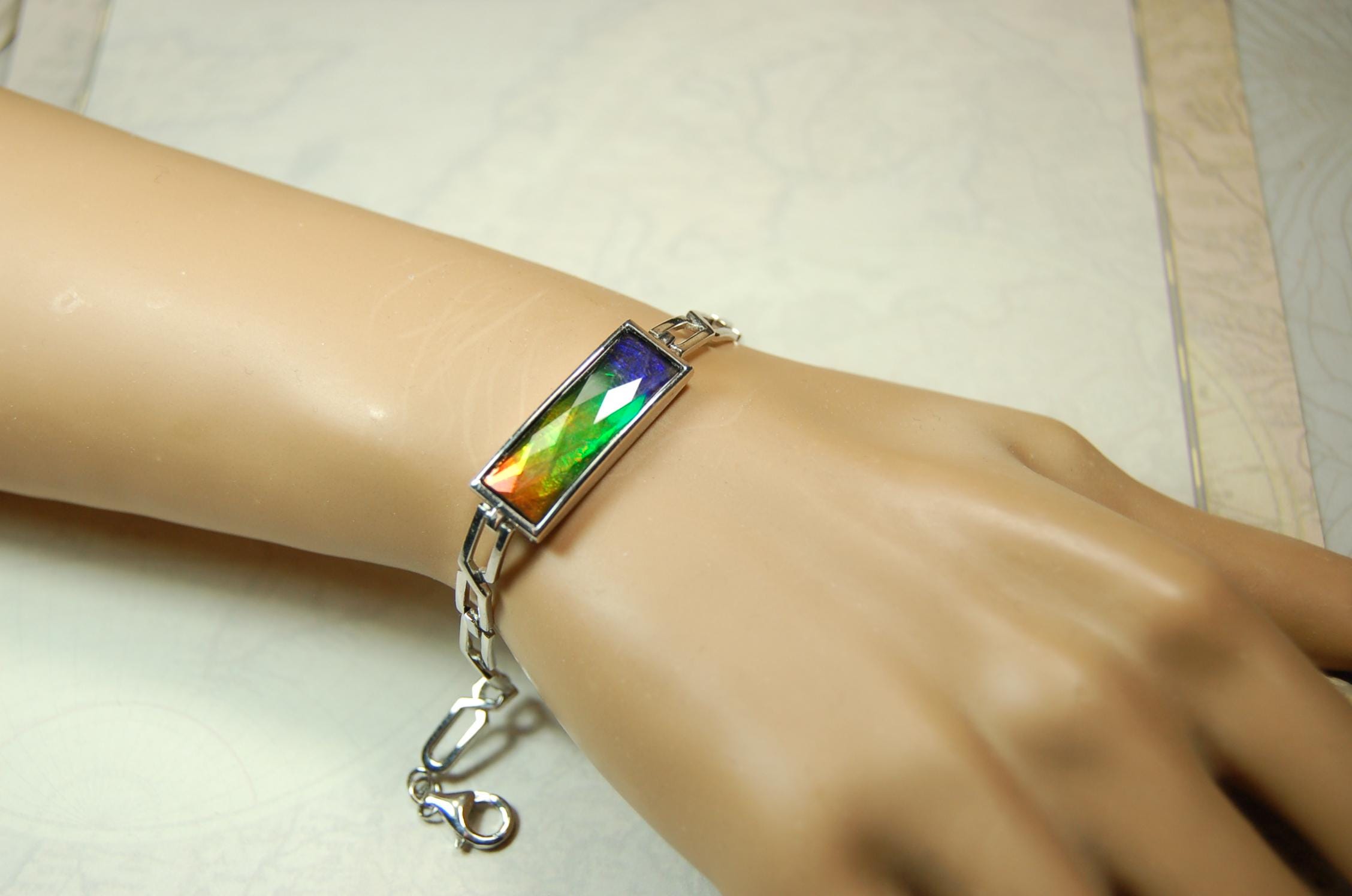 Ammolite Cuff Bracelet.Brilliant Colors.Canadian Jewelry.Gift for her.Rainbow gemstone.Grad gift.Silver treasure.052315