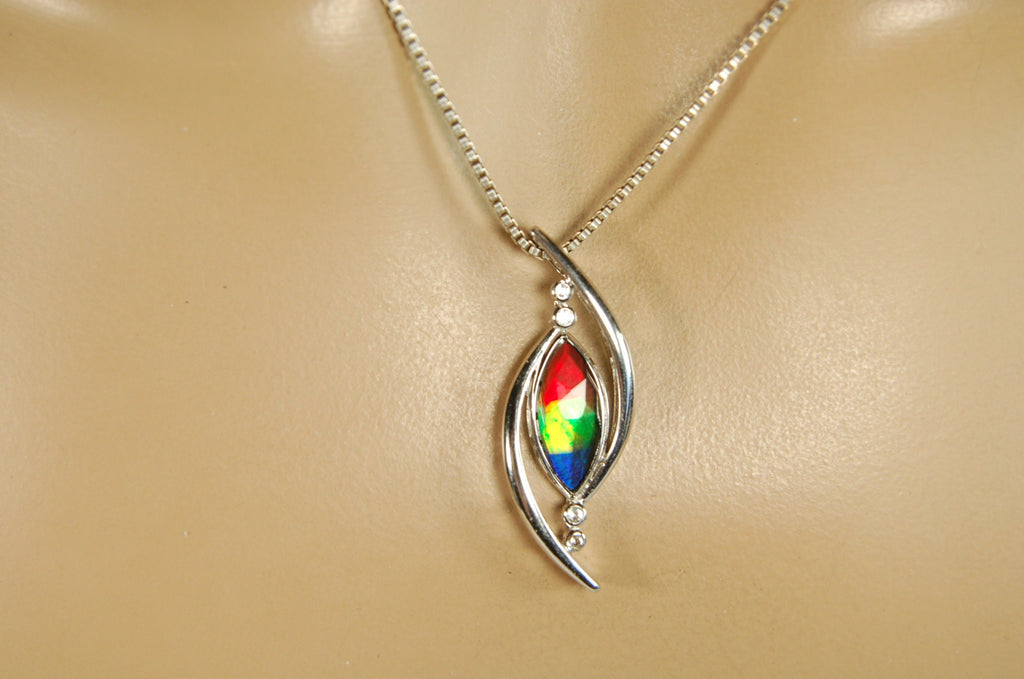 Unique Ammolite Jewelry Pendant Necklace from Canada.RARE Faceted four color gem.Perfect Gift.Bright changing colors. Elegant design 100613.