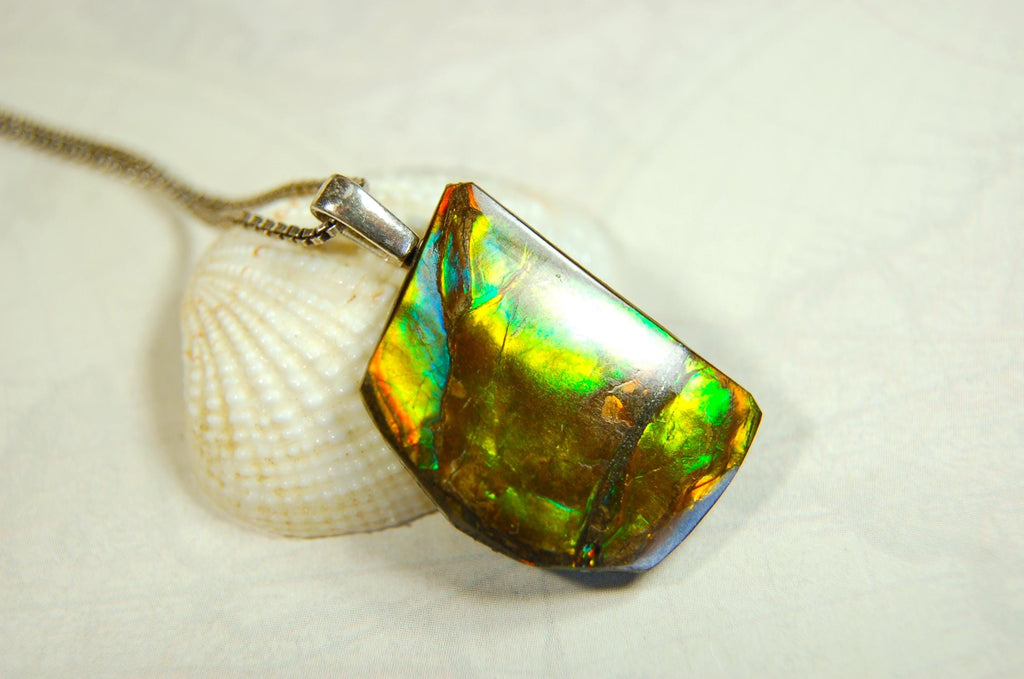 Birthday gift idea for wife. Ammolite Pendant Necklace.All natural cabochon freeform gem.Boho jewelry.090414