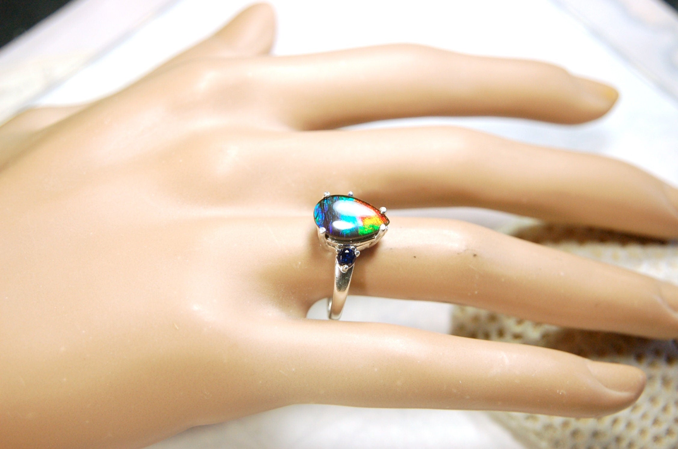 Ammolite teardrop Ring with four rich colors.Set in sterling silver.Size 7.Perfect gift for her.One of a kind ring.041214
