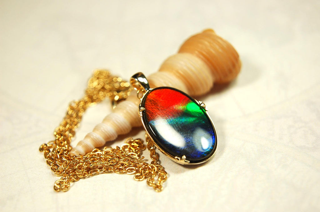 14k gold set ammolite pendant.Gift idea for wife?Rainbow colors.High quality Ammolite.090614