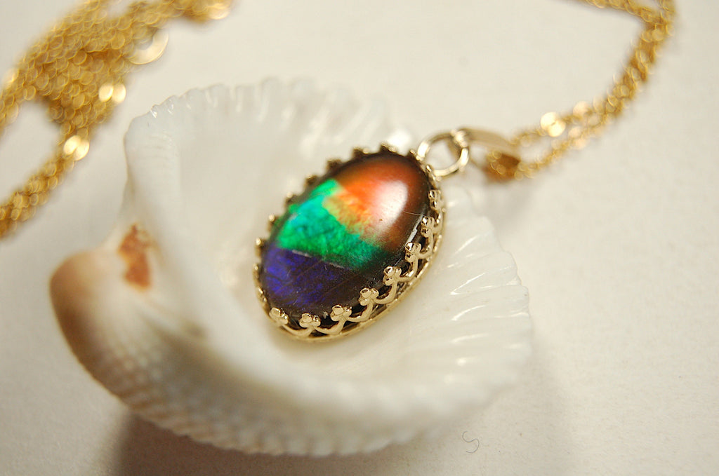 Ammolite Jewelry Pendant Necklace.Four Color Rainbow Ammolite set in solid 14k Gold.Perfect gift.GENUINE Canadian Alberta Ammolite.100213