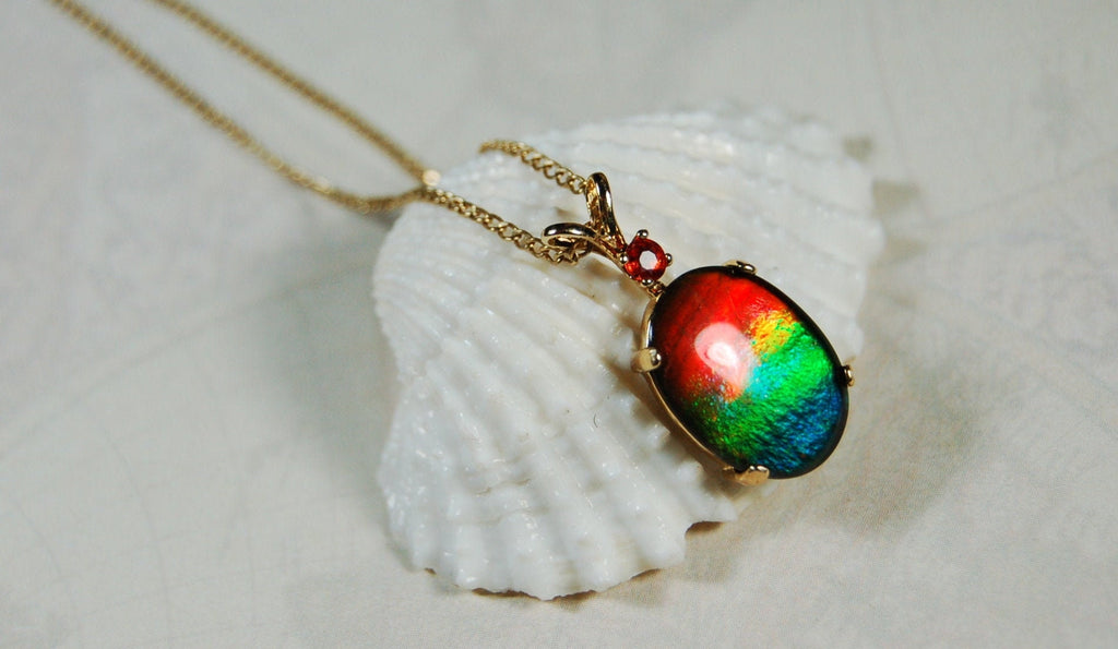 Vibrant Ammolite Pendant in 10k solid Gold with Chain - Eye-Catching Ammolite Jewelry for a Standout Style.Birthday Gift for her?#082919