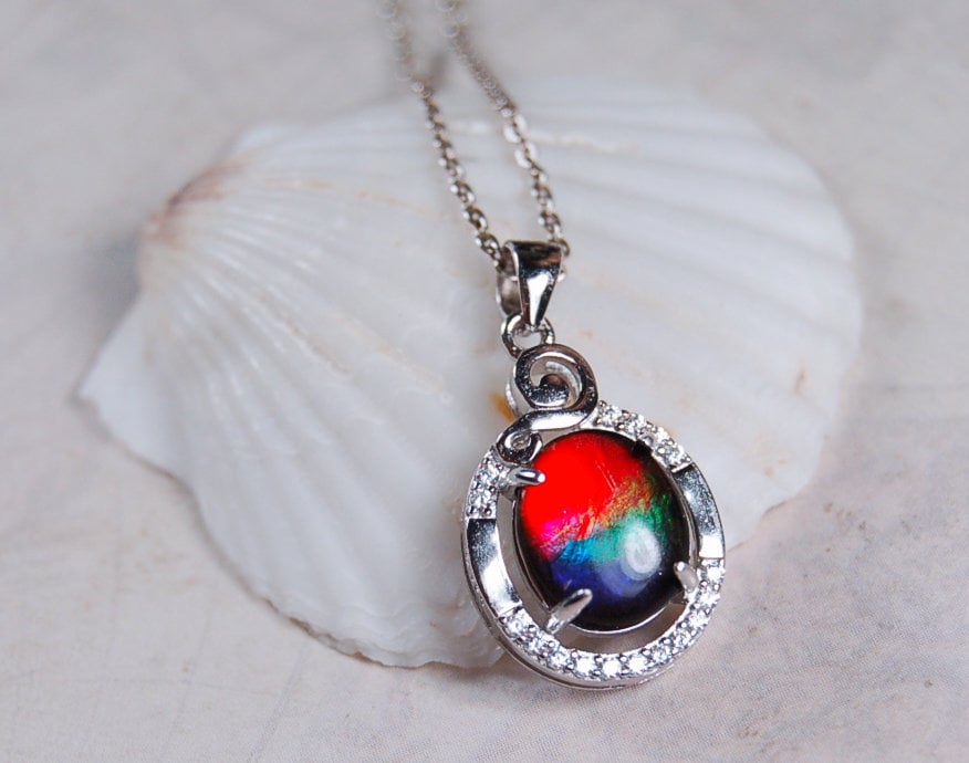 Ammolite Jewelry Pendant with RARE Pink.Stunning color changer.See 160 other quality offerings in silver and gold.Perfect gift.#080518