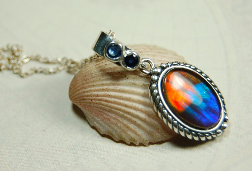 Ammolite Pendant Necklace.Solid sterling silver setting.Bright Rainbow colors. Sapphire studded bail.Unique gift for wife.102429