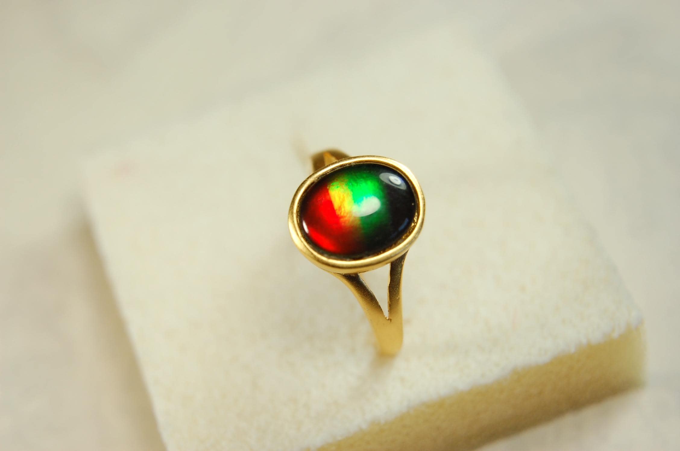 Gold Vermeil Ammolite Ring: Genuine Four-Color Gemstone, Adjustable Band 071114