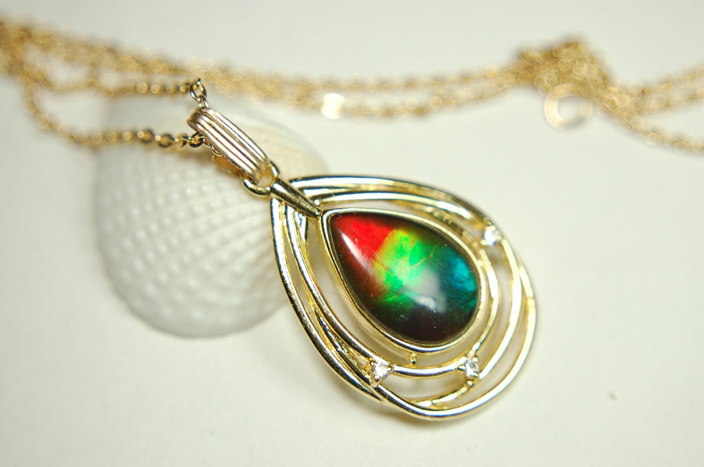 Birthday gift idea for wife.Ammolite Pendant Necklace in Gold Vermeil.RARE four colors. Ammolite jewelry for sale.Boho Jewelry.012915
