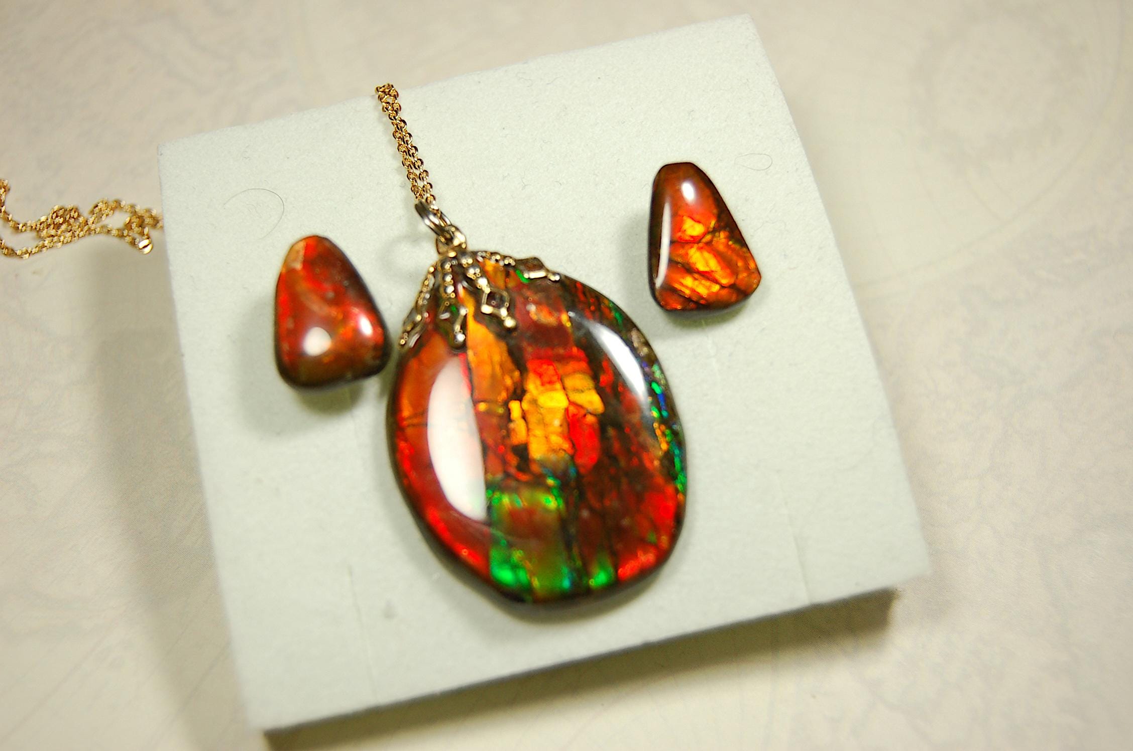 Ammolite Jewelry Set.Pendant and earrings of Natural Alberta Canada gemstones.Strong fashion statement.061516