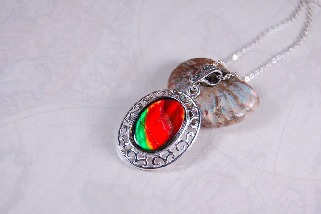 Rainbow Ammolite Necklace – Rare Fossil Gemstone from Alberta – Boho Gemstone Jewelry for Her-perfect gift for wife 010218
