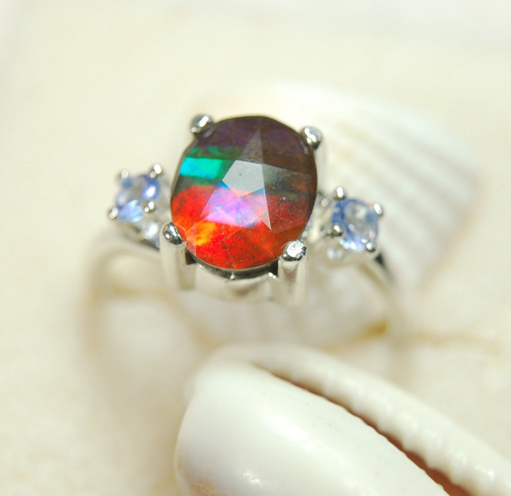Ammolite Jewelry Ring with Tanzanites.No import taxes under CUSMA rules.022414
