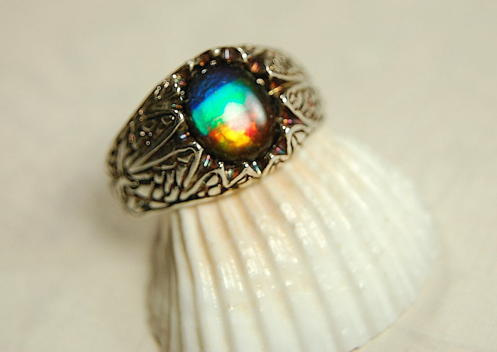 Ammolite Men's Ring with powerful colors. Size 11.--#080314